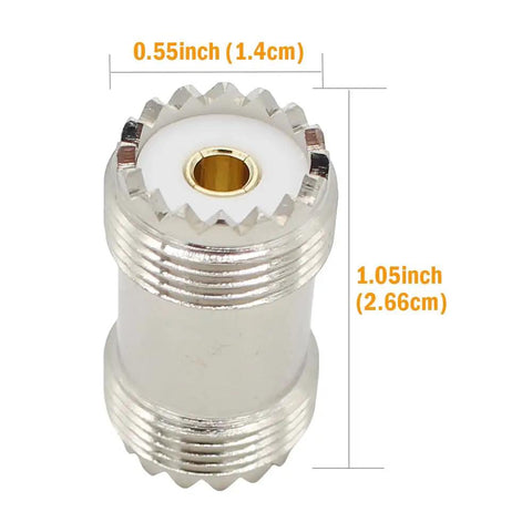 Pro Grade SO239 Barrel Connector 6 Pack PL259 Female To Female UHF Coax Adapters showing dimensions and nickel-plated finish