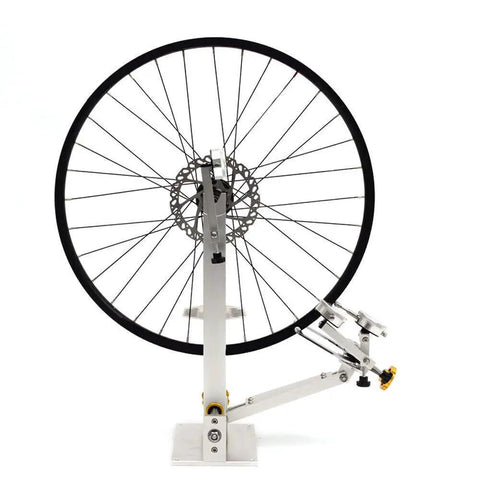 Beefed Up Bicycle Wheel Truing Stand With CNC Adjustment Nut And Three Precision Gauges For 10 To 29 Inch Wheels, front angle view