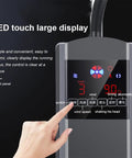 Close-up of LED touch display for controlling 18 Inch Industrial Grade Misting Floor Fan. Beat The Summer Heat With This 18 Inch Industrial Grade Misting Floor Fan Serving Chill Air Blast Wide Oscillating Head Smart Touch Controls Plus Wireless Remote.