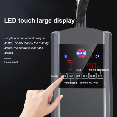 Close-up of LED touch display for controlling 18 Inch Industrial Grade Misting Floor Fan. Beat The Summer Heat With This 18 Inch Industrial Grade Misting Floor Fan Serving Chill Air Blast Wide Oscillating Head Smart Touch Controls Plus Wireless Remote.