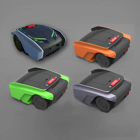 Four Fully Automatic Smart Lawn Mower Robots With Rainproof Seal in orange, blue, green, and purple finishes.