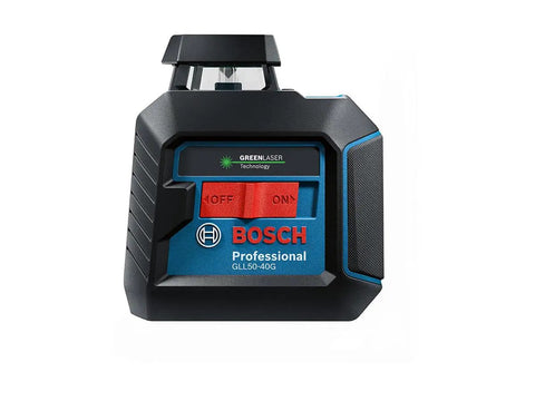 Front view of Green Beam Self Leveling 360 Degree Cross Line Laser With Batteries Included L Bracket Ceiling Clip And Hard Carrying Case For Pro Grade Horizontal And Vertical Layouts On The Job Site.