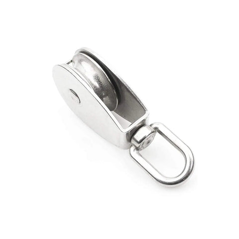 Close-up of a stainless steel swivel pulley from Two Pack M32 Stainless Steel Swivel Pulley Block With Carabiners, 304 steel body.