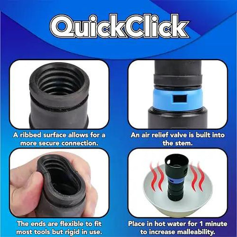 Quick Click 16 Foot Commercial Vacuum Hose With Expanded Multi Brand Power Tool Adapter Set features, ribbed secure connection, flexible ends