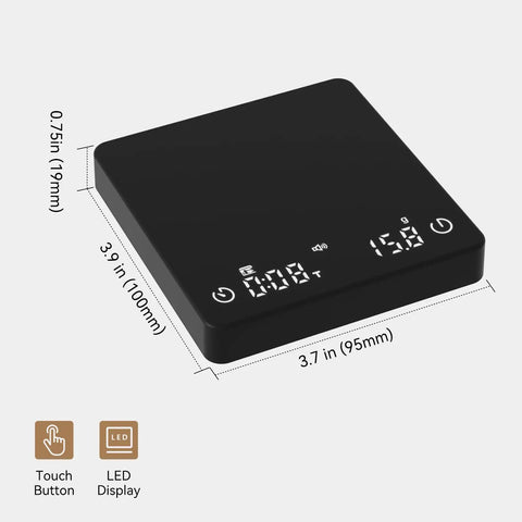 Black Palmsized Coffee Scale With Timer For Espresso And Pour Over, Rechargeable USB C, 2Kg Capacity, 0.1G Precision, portable