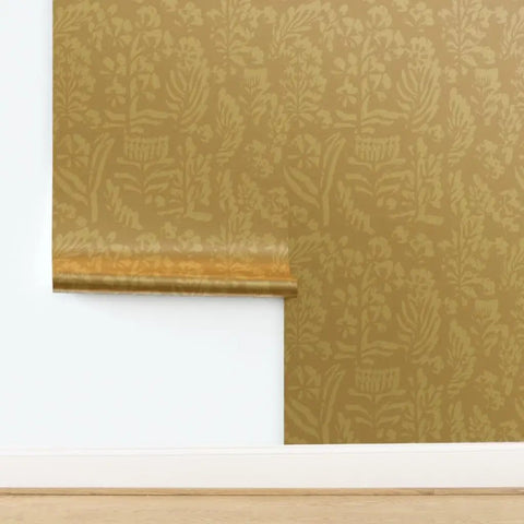 Rustic Floral Pink Gold Metallic Wallpaper With Fibrous Texture Pvc Free Wall Covering applied in a modern room setting.