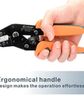 iCrimp SN-01BM ratchet crimping tool with orange ergonomic handles side view for AWG 28-20 terminals