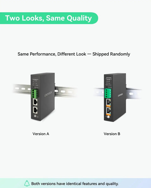 Two versions of Industrial Gigabit 90W PoE Splitter With IEEE 802 3BT PoE And DC Output 5 9 12 24V DIN Rail Mount