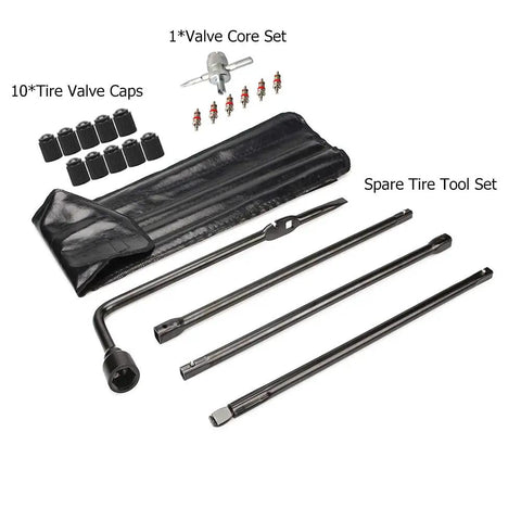 All In One Spare Tire Tool Kit With Jack Handle And Lug Wrench, Heavy Duty Rustproof Steel, Portable Bag displayed