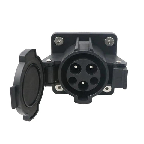 Close-up of J1772 Type One Evse Charging Inlet with locking cap, designed for easy installation and weatherproof use.