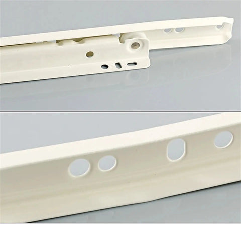 Close-up of ten inch full extension drawer slides for furniture and cabinets with detachable quick release latches.