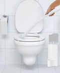 2 Pack Toilet Wand Holder Organizer for Standard Wand System in use with a toilet, showing holder and scrubbing wand in white and gray.