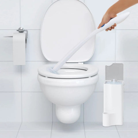 2 Pack Toilet Wand Holder Organizer for Standard Wand System in use with a toilet, showing holder and scrubbing wand in white and gray.