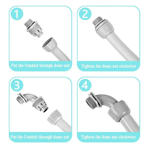 Step-by-step guide for installing Hardcore Eighty Foot Half Inch Npt Pvc Liquid Tight Conduit Kit connections.