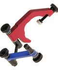 Quill Clamp Uni Holder For Dial Indicator On Bridgeport Mill All Metal Build With Nylon Washers, red and blue components, angled view.