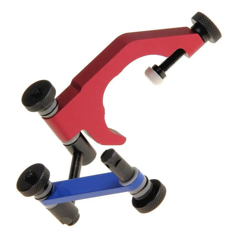 Quill Clamp Uni Holder For Dial Indicator On Bridgeport Mill All Metal Build With Nylon Washers, red and blue components, angled view.