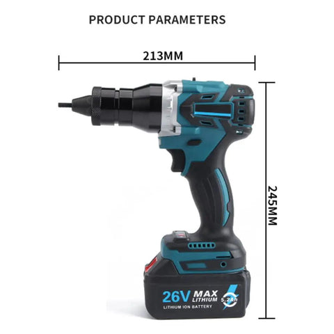 No Sweat Heavy Duty Cordless Rivet Nut Gun Set With 26 Volt 5200mah Power Pack and Dual Speed Modes for Smooth M3 M12 fastening, side view with dimensions.