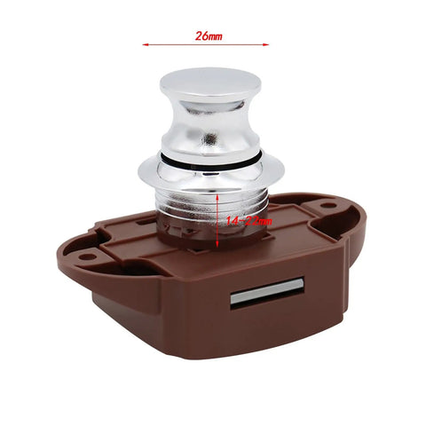 Push Button Latch Lock For RV Cabinet Drawer Door 26mm Diameter Fit 14 To 22 mm Panels, brown base, silver button
