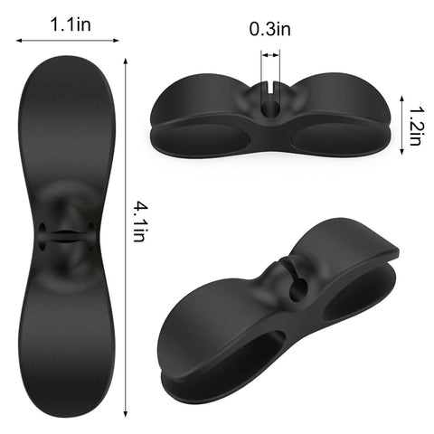 Black silicone cord organizer for kitchen appliances with 3M adhesive, showing dimensions of 4.1 x 1.1 x 1.2 inches.