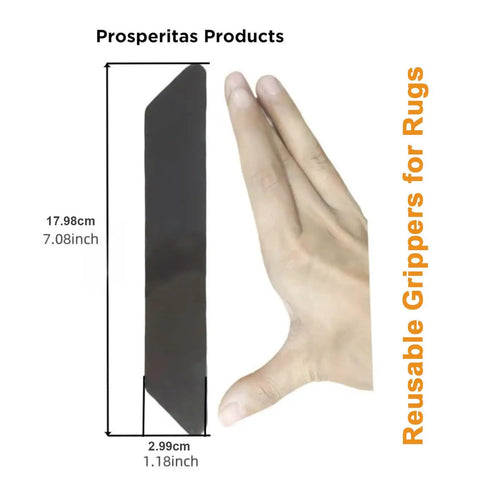 Hand holding Eight Pack Double Sided Rug Tape For Hardwood Floors And Tile, Reusable Non Slip Grip Tape, showing dimensions.