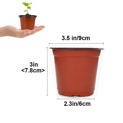 Hand holding 100 Count 4 Inch Plastic Seed Starter Pots For Seedlings Cuttings And Transplants next to another pot with dimensions.