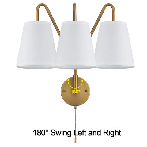 Set Of 2 Swing Arm Wall Sconces Hardwired 180 Degree Adjustable Left Right Antique Brass Fabric Lighting with Pull Chain