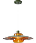 Amber Glass Pendant Light Modern: 19-inch Metal Chandeliers For Dining Room with layered amber glass and metal shade.