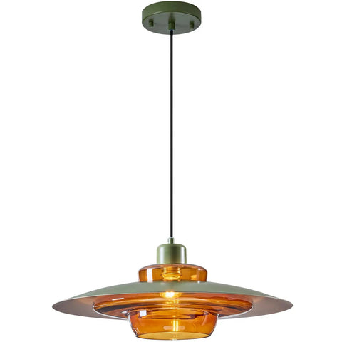 Amber Glass Pendant Light Modern: 19-inch Metal Chandeliers For Dining Room with layered amber glass and metal shade.