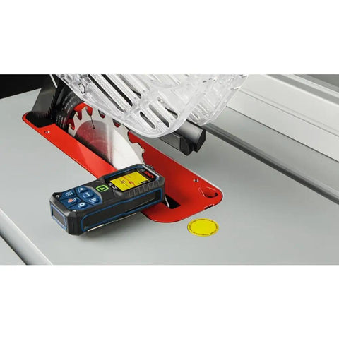 Blaze Green Beam Laser Measure Up To 165 Feet With Real Time Distance Reading on a saw table, digital display visible