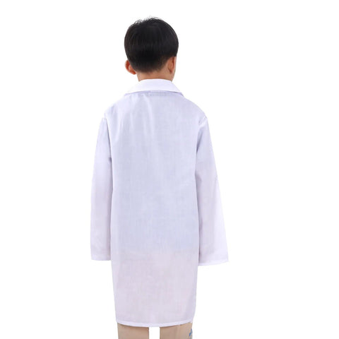 Cool Kids Doctor Lab Coat Costume For Boys And Girls Realistic Scientist Dress Up Coat For Role Play Durable Polyester Cotton Lab Jacket for Halloween and School Projects shown from back view on child.