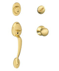 Plymouth Single Cylinder Handleset With Knob In Bright Brass Front Door Entry Set, Adjustable Throughbolt Fits One Five Eighths To One Three Quarters Inch Doors, Self Aligning Holes For Quick Easy Install, Traditional To Transitional Style Hardware, shown in polished gold finish on white background.