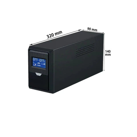 The Go To 1000va 600w Ups Battery Backup For PC with LCD display, dimensions 320mm x 90mm x 140mm, ideal for home office use.