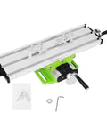 Showeroro Mini Drill Press Stand With Precision Alloy Steel Cross Slide Table For Home Workshop Milling Machine Accessory Stable Compact Design High Accuracy Drilling Base Unit top view with green finish and accessories
