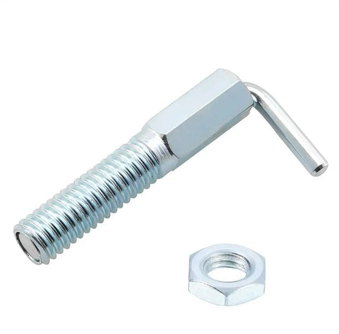 Four Pack M12 Retractable Indexing Plunger Pins Crafted From Heavy Duty Carbon Steel With Rock Solid Spring Loaded Latches And Easy Pull L Shaped Handles For Reliable Job Site Use, showing steel plunger pin and nut.