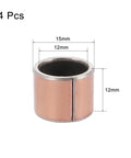 Heavy Duty Sleeve Bearings In 12mm By 15mm By 12mm Dimensions Four Pack Plain Bushings on display, showcasing bronze coating and precise dimensions.