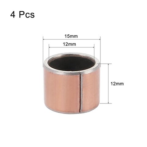 Heavy Duty Sleeve Bearings In 12mm By 15mm By 12mm Dimensions Four Pack Plain Bushings on display, showcasing bronze coating and precise dimensions.