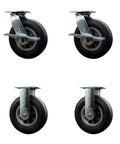 Slick Eight Inch Flat Free Solid Rubber Casters For BBQ Smokers Smooth Rolling Four Piece Grill Wheel Set With Side Lock Brakes showing four durable wheels.