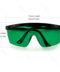 Top Shelf Laser Safety Glasses Hella Secure Against Uv Blue Red And Infrared Beams Od4 Plus Lens with green tint and protective frame dimensions.