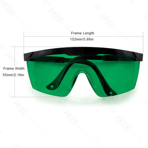 Top Shelf Laser Safety Glasses Hella Secure Against Uv Blue Red And Infrared Beams Od4 Plus Lens with green tint and protective frame dimensions.