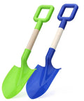 Two colorful 16-inch Beast Beach Sand Shovels for Kids and Adults; durable wooden handle with blue and green plastic spades.