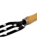 Two Piece Garden Tool Set With Hand Rake And Trowel Durable Carbon Steel Blades Smooth Wooden Handles With Hanging Holes Perfect Mother's Day Gift Cute Picture Dot Design For Practical Gardeners showing hand rake with dot design