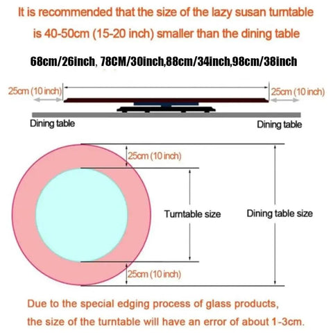 Size guide for Black Rotating Glass Serving Tray For Kitchen Round Lazy Susan Turntable Tabletop Plate Heavy Duty