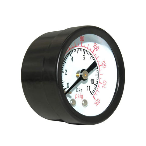 Beduan air pressure gauge, angled front view, black housing, 1-1/2 in dial, 0-160 psi, 1/8 in NPT