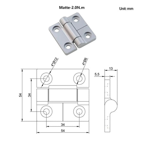 Zinc alloy torque square damper hinge, matte finish, 2.0 N·m, front view.