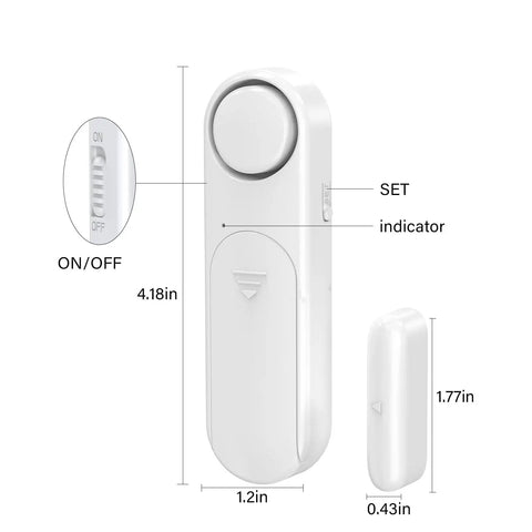 Two Pack Window And Door Alarm Kit With Remote For Home Safety And Dementia Care visible dimensions and features including on-off switch
