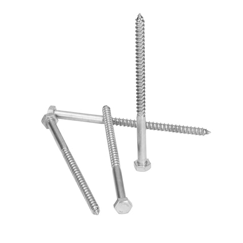 Stainless Steel Half Thread Wood Lag Bolts With Self Tapping Screws A2-70 Grade, M8x140mm, shown in a scattered arrangement.