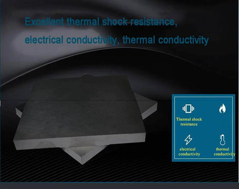 Graphite Blank Blocks Pack Of 3 For Electrolysis Electrode Plates Includes 60 Mm By 40 Mm By 7 Mm And 65 Mm By 24 Mm By 7 Mm Sizes 99.9 Percent Graphite Content High Electrical And Thermal Conductivity Low Expansion Smooth Machinability And Lubricity, showing two overlapping graphite plates on a dark background highlighting conductivity.
