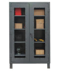 Drop Dead Tough Heavy Duty Welded Steel Storage Cabinet With Clearview Lexan Door And Lockable Padlock Mount Featuring Adjustable Four Tier Shelves For Garage Workshop Setup showing four shelves filled with tools and boxes.