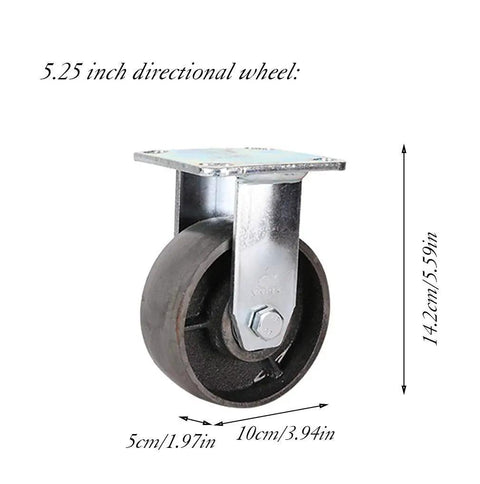 5.25 inch Rock Solid 4 Pack Cast Iron Caster Wheels Heavy Duty Swivel Casters with metal top plate for furniture or garage use.