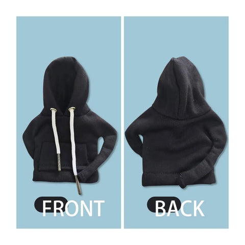 Front and back view of black Gear Shift Hoodie Cover For Cars, Dope Mini Hoodie For Shifter Knob, Cute Interior Accessory.